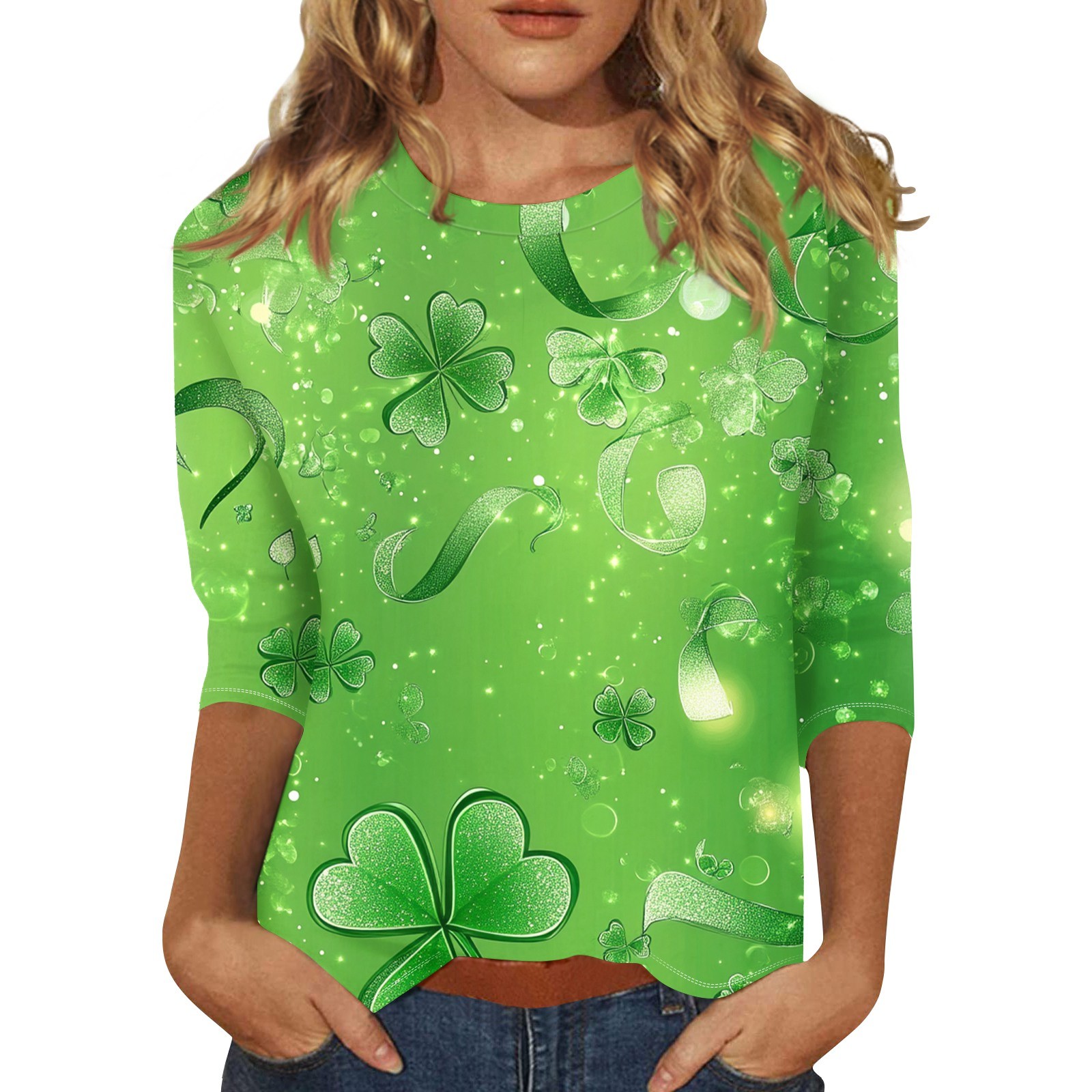 Bdporkas green clover shamrock saint patricks day shirts women womens 34 sleeve tops crew neck
